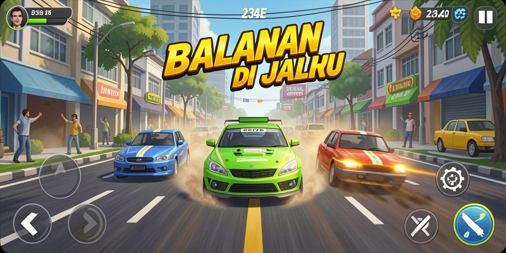 Screenshot utama menunjukkan aksi balapan yang menegangkan di 234E.