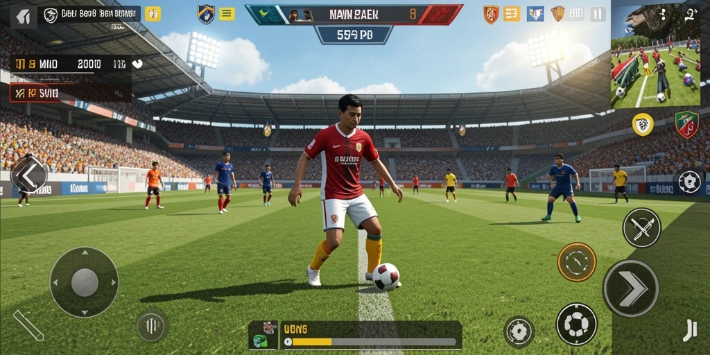 Screenshot permainan 55RP menampilkan aksi sepak bola yang intens.