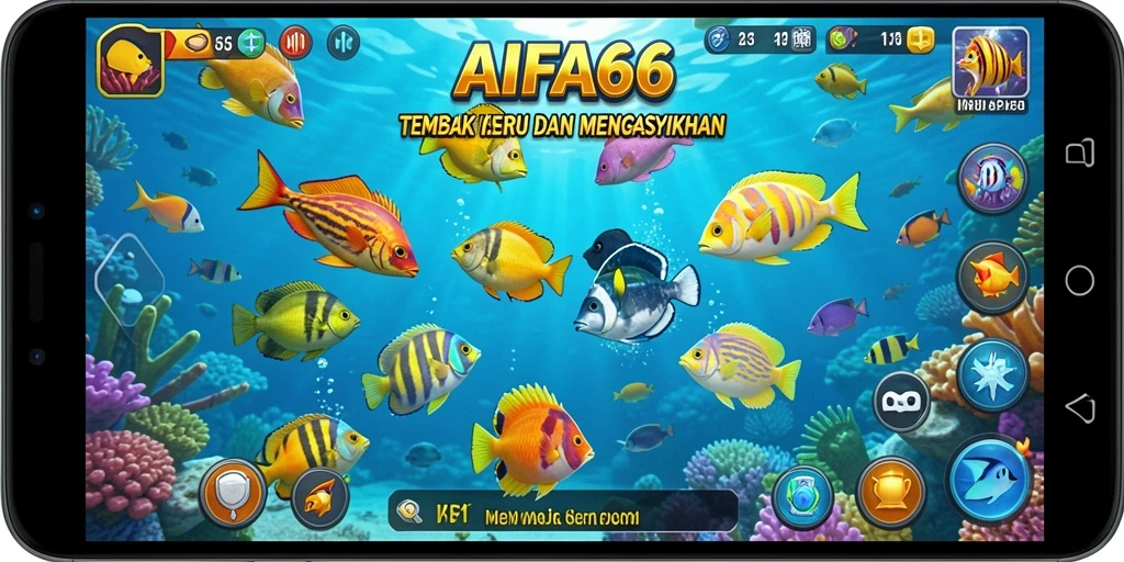 Tangkapan layar utama AIFA66 menunjukkan aksi menembak ikan yang seru.