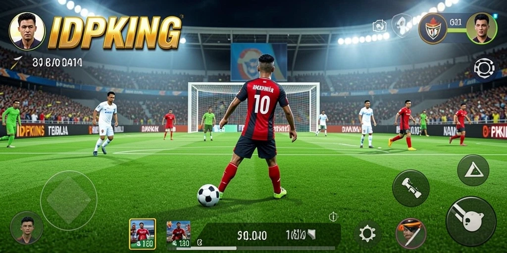 Screenshot dari gameplay <strong>IDPKING</strong> menampilkan aksi seru di lapangan sepak bola.