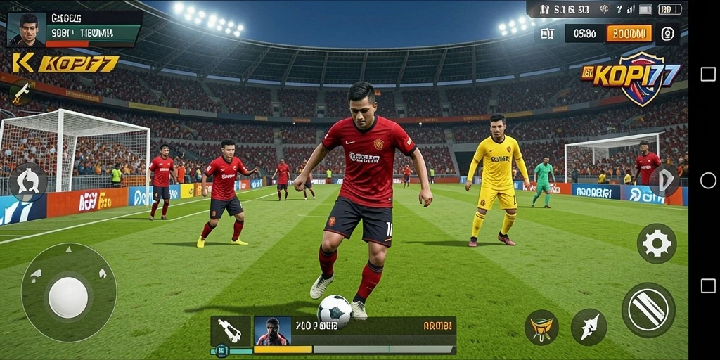 Screenshot gameplay KOPI77 menampilkan aksi seru di lapangan sepak bola.