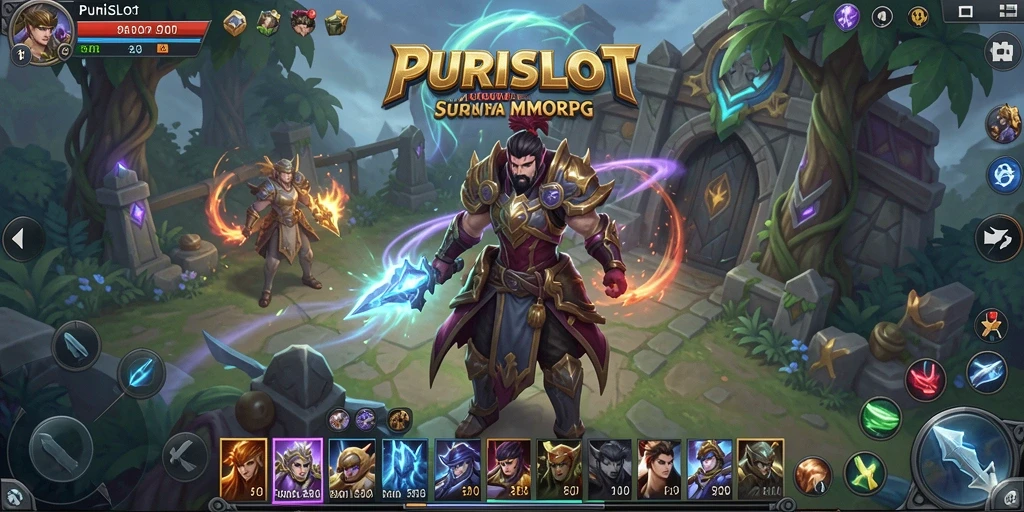 Tampilan screenshot utama PURISLOT menunjukkan aksi intens dalam pertempuran MMORPG.
