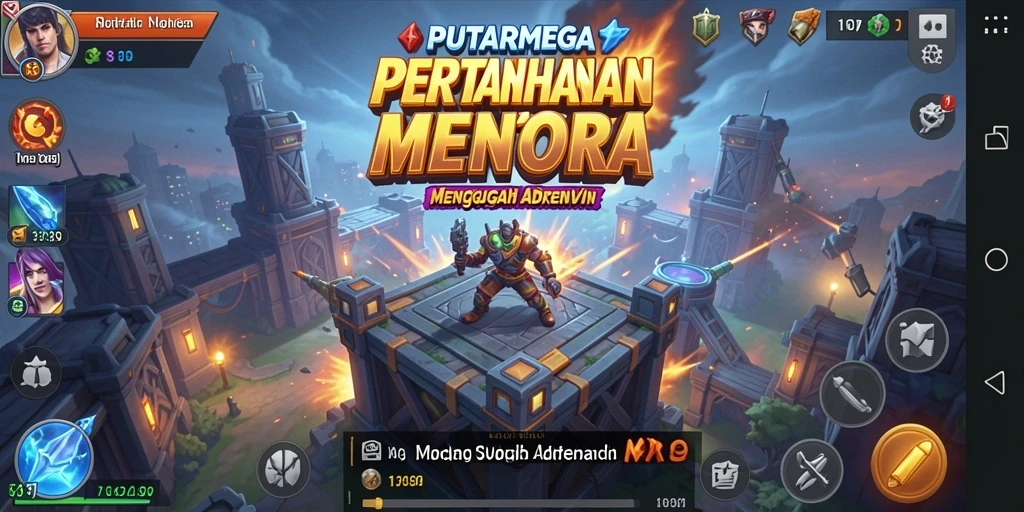 Tangkapan layar gameplay PUTARMEGA menampilkan menara yang siap menghadapi gelombang musuh.