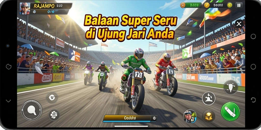 Tampilan gameplay seru dalam balapan RAJAMPO yang penuh tantangan.