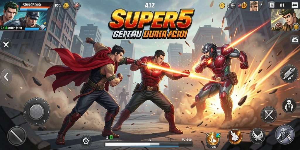 Screenshot gameplay SUPER5 menampilkan aksi pertarungan yang intens.